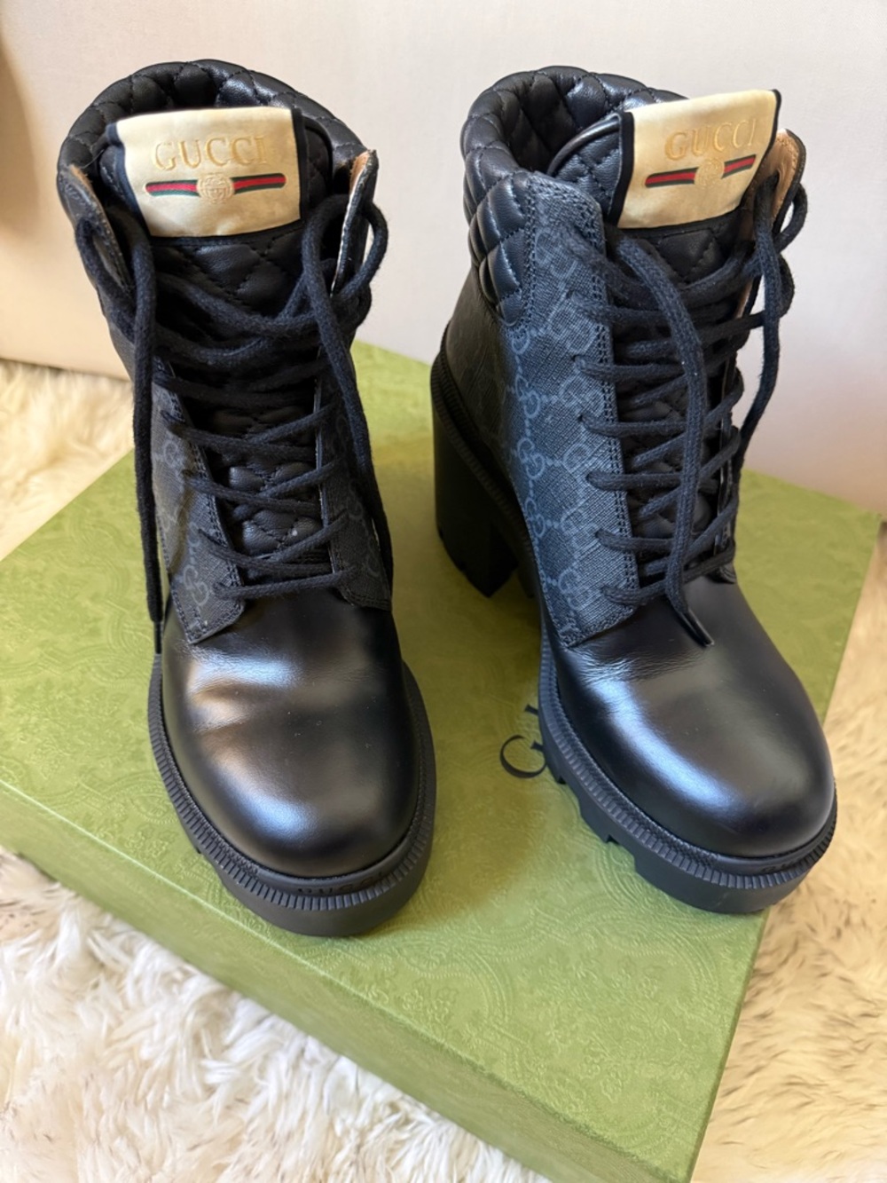 Gucci Black Quilted Leather & GG Canvas Lace-Up Ankle Boots with Gold Logo Patch